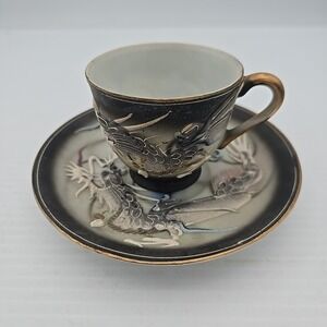 Vintage Dragon Ware Tea   Cup & Saucer Gray & Blue